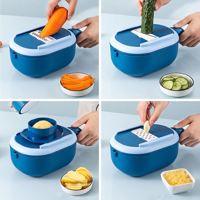 Blue 6-in-1 Vegetable Slicer and Grater with Drain Basket – Multifunctional Kitchen Mandoline Cutter for Slicing, Shredding, Grating – Includes 6 Blades – Wash & Cut Integrated Design