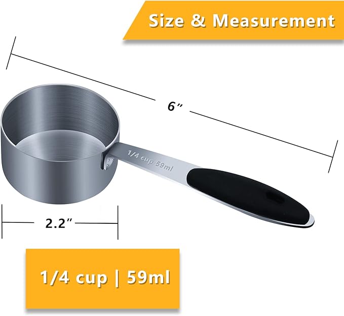 2PCS 1/4Cup (59ml, 2oz) Single Measuring Cup with Black Silicone Grip, Stainless Steel Individual Measure Scoop Only