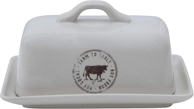 Creative Co-Op Stoneware Butter Dish with Cow Decal