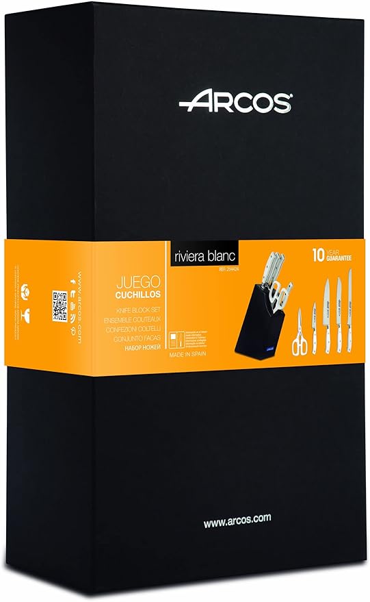 Arcos Forged Knife 5 pieces - Nitrum Stainless Steel and mm blade. 3500 gr. Ergonomic Polyoxymethylene POM Handle. Series Riviera Blanc. Thin blade with a characteristic smooth edge. Color White