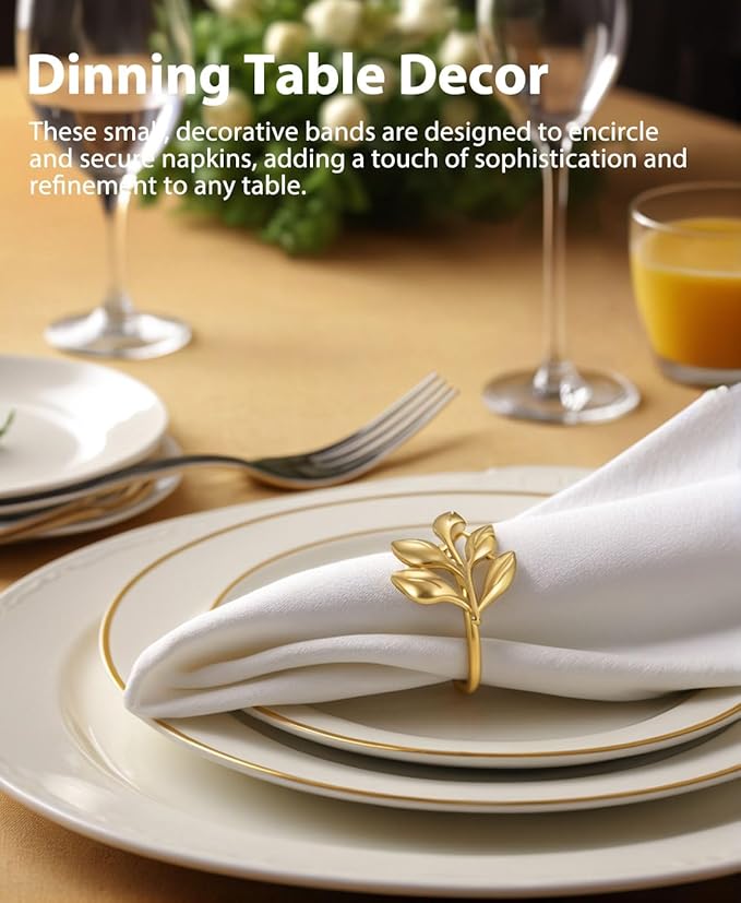 Leaf Napkin Ring Holder Set of 12 Gold Color Dining Table Décor for Wedding Party Dinner Banquet (Gold 12pcs)