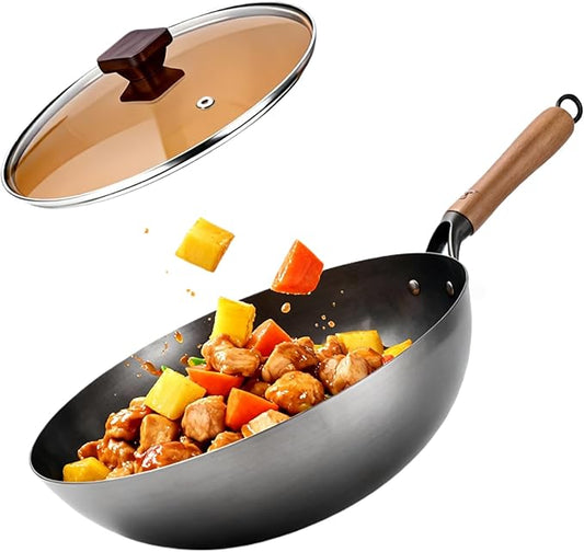 Calmabode 13 Inch Round Bottom Hand Hammered Carbon Steel Wok - Traditional Forged Stir Fry Pan, Fast Heat Conduction, No Hot Spots, Non-Toxic Uncoated for Gas Stove, Home & Professional Kitchen