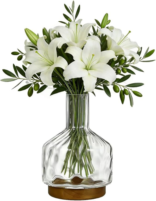 Glass Vase for Flowers, Rippled Flower Vases with Wooden Base,10inch Clear Jug Vase for Long Stem Flower or Fake Bouquet,Decorative Bottle Vase for Centerpieces Dining Table Living Room Mantel Party