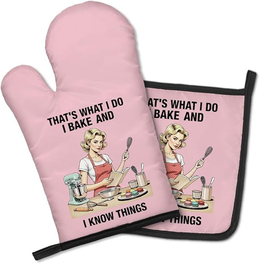 That's What I Do I Bake and I Know Things Cute Oven Mitts and Pot Holders Set, Kitchen Mitts for Cat Lovers, Birthday Gifts for Cake Maker Baker, Gifts for Women, Mom, Wife, Girlfriend