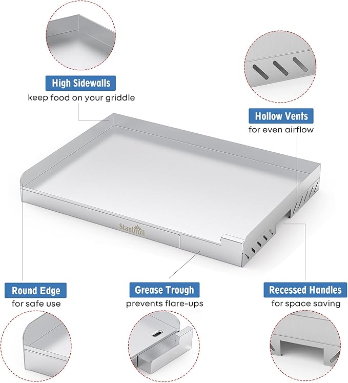 Stanbroil Stainless Steel Universal Griddle for Charcoal/Gas Grills, 23" x 16" Rectangular Cooking Griddle with Removable Grease Drip Tray