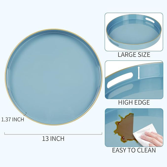 Blue Sturdy Acrylic Serving Tray with Handles-13Inch, Morden Plastic Round Serving Tray for Coffee Table Bathroom, Ottoman, Home Decor