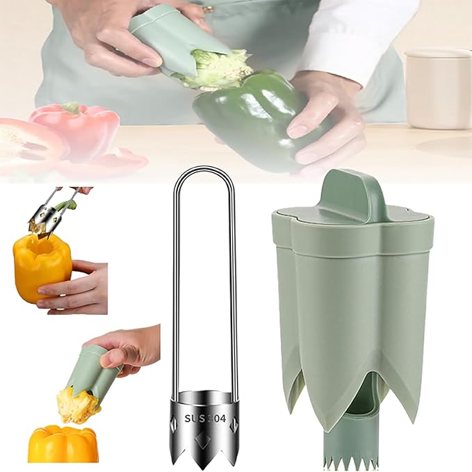 2 in 1 Pepper Seed Corer & Remover, Quickly Cutting & Deseeding Bell Pepper Tool (Silver+Green, 2Pcs)