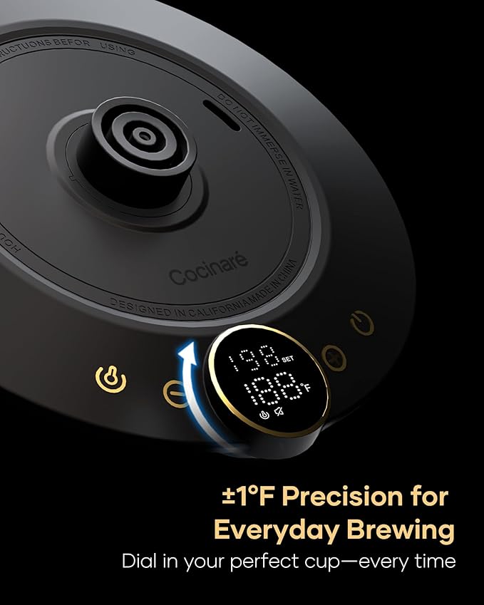 Cocinare FLOW B9 Gooseneck Electric Kettle, Precise Temperature Control for Pour-Over Coffee & Tea Brewing, Stainless Steel Interior, Rapid Heating for Boiling Water 0.9L (Gustav Gold)