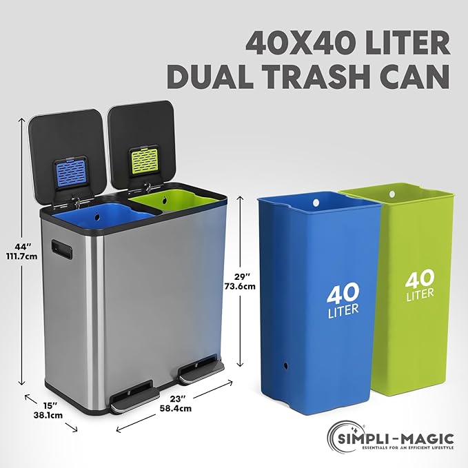 Simpli-Magic 80 Liter / 21 Gallon Rectangular Hands-Free Dual Compartment Recycling Kitchen Step Trash Can with Soft-Close Single Lid, Stainless Steel (40L x 40 L Capacity) Stainless Steel Finish