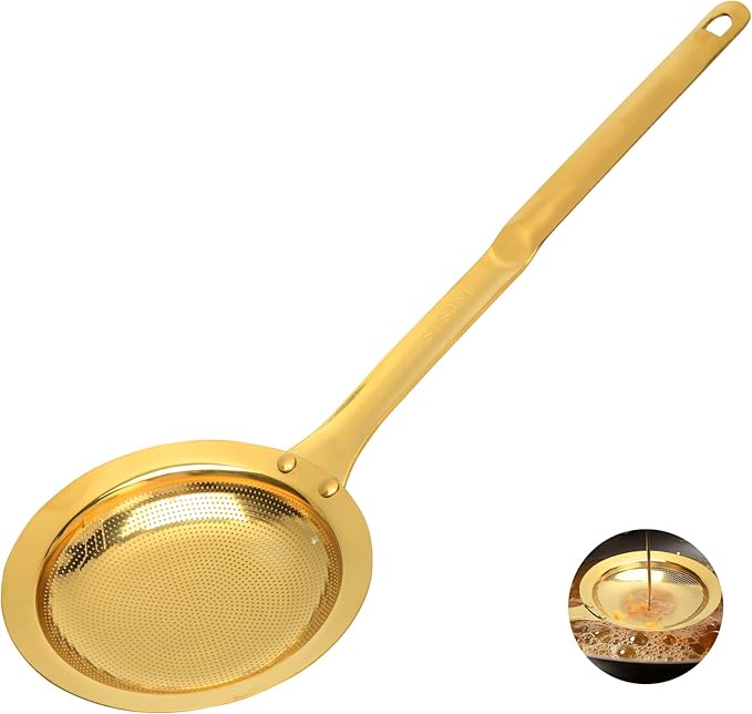 Snailhouse Fat Skimmer Spoon, Stainless Steel Fine Mesh Food Strainer Separator with Handle for Grease, Gravy and Foam, Gold
