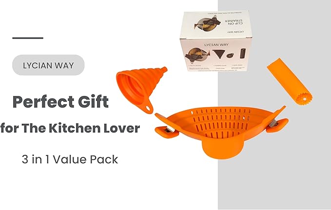 Clip on Strainer Silicone for All Pots and Pans, Colander, Pot Strainer for Pasta, Meat, Vegetables, Space Saving Design, Food-Safe with Collapsible Funnel, Garlic Peeler, 3 Pack (Orange)