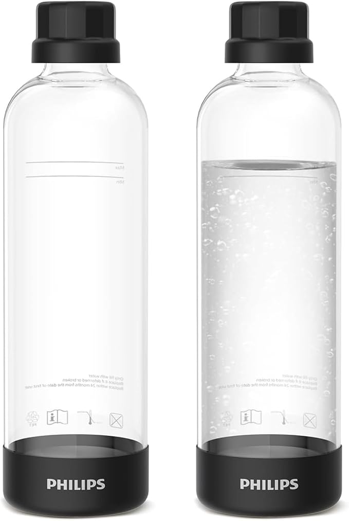 Philips Carbonating Bottles ADD910BKOQ/37, 1L Twin Pack Reusable PET Water Bottles Compatible Sparkling Water Maker, 2 Pack for ADD4902BKOQ/37, ADD4902WHOQ/37 and ADD4901GROQ/37, ADD4901BKOQ/37
