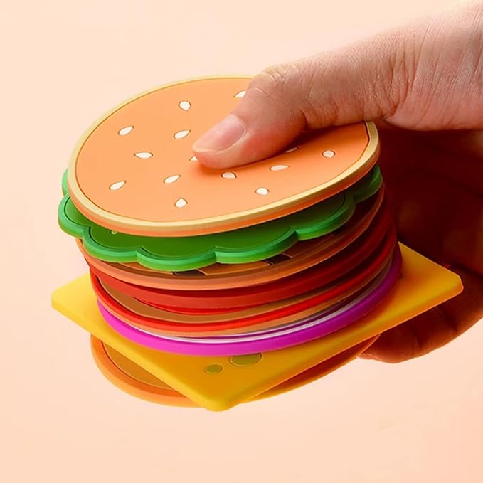 Coasters Set of 8 Cute Hamburger Cup Coasters for Drink, PVC Scratch-Resistant Non Slip Hot Cold Table Drinks Coasters for Beverage Drink Beer Wine Glass Coffee Tea