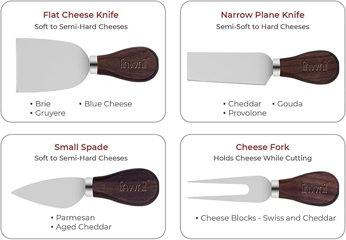 4-Piece Set of Stainless Steel Cheese Knives with Wood Hand, Including Cheese Slicer and Cheese Cutters, Essential Cheese Tools for the Kitchen (Walnut/Gift Box, Silver)