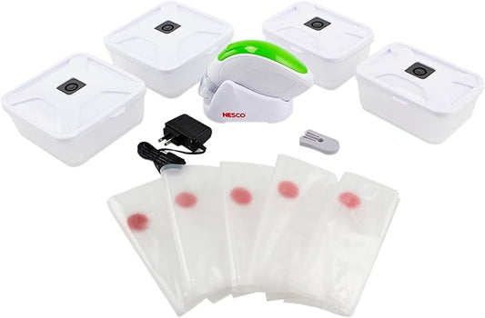 NESCO Handheld Vacuum Sealer Kit, Includes 4 Canisters, 5 Reusable Gallon Zipper Bags, Freezer, Dishwasher, Sous Vide Safe Bags, Great for Meal Prep & Food Storage – Rechargeable with Charging Base
