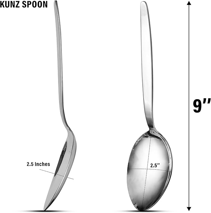 2-Pack Chef Kunz Spoon |18/10 Stainless Steel Serving Spoons | 9 Inch Basting Quenelle Chef Cooking Utensils Dinner Plating Spoon