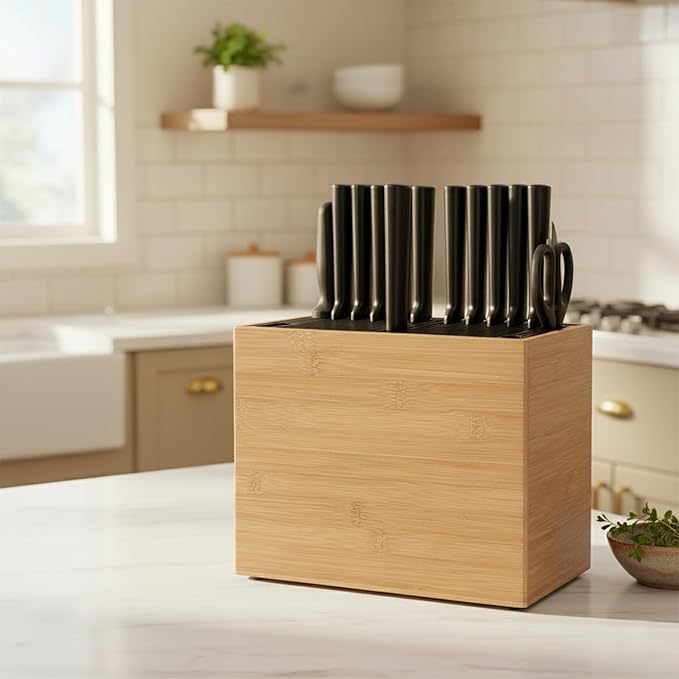 XXL Detachable Universal Knife Block for 28+ Knives, Natural Bamboo Wood Holder with Unique Easy-Clean Slots, Hygienic Countertop Storage, Dual Slots for Scissors & Sharpening Rod