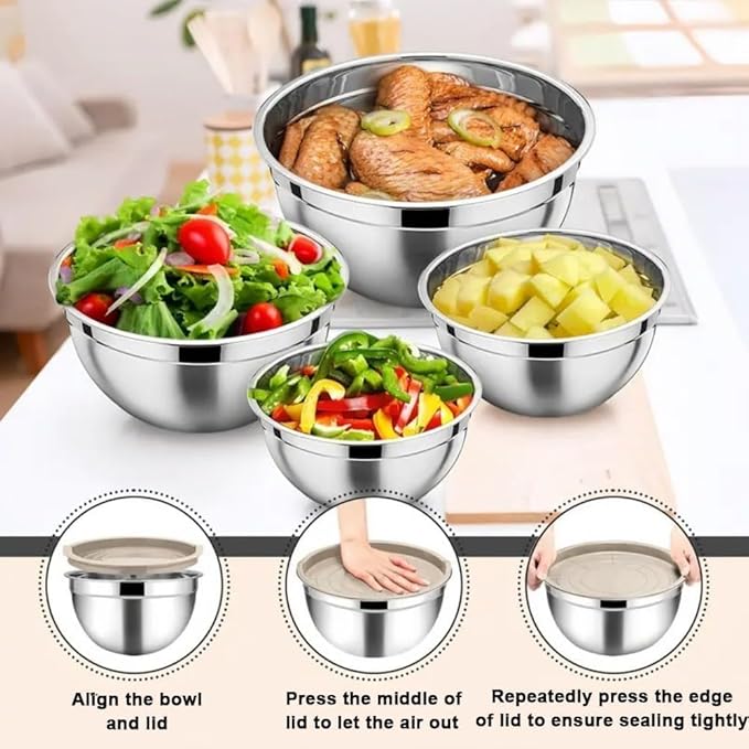 Thsinde Stainless Steel Mixing Bowls with Lids, 6-Piece Set (7 to 1-QT) Non-Slip Colorful Bottoms for Mixing, Serving & Food Prep