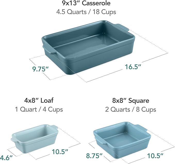 Best Choice Products 3-Piece Ceramic Bakeware Set, Stoneware Baking Dishes, Porcelain Casserole Bakeware Dishes, Serving Dishes - 9x12 Casserole, Loaf Pan, 8x8 Baking Dish - Cornflower Blue