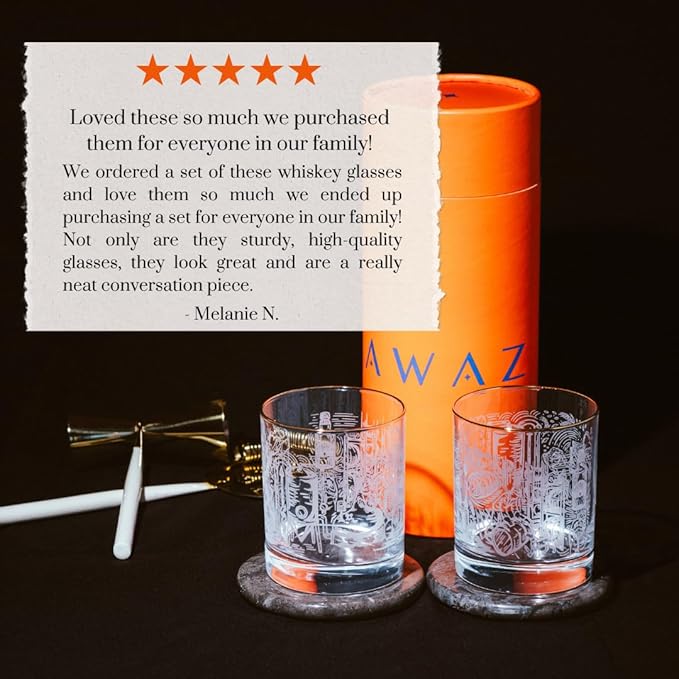 AWAZ Whiskey Glasses – Set of 2, Engraved with Whiskey-Making Process, 24k Gold Rim – 11oz Scotch, Bourbon Lovers Glass – Best Gift - Men, Dad, Husband, Coworker – Holiday, Birthday, Retirement