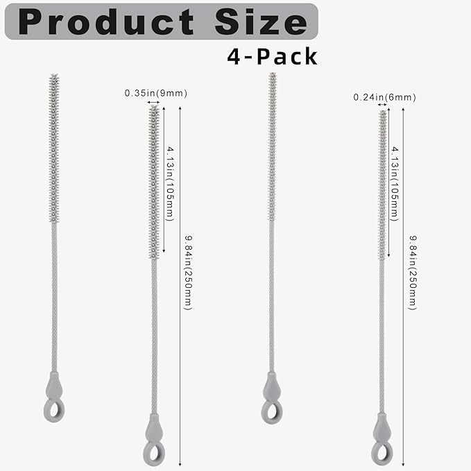 Silicone Straw Cleaner Brush, 4-Piece Reusable Straw Brush Set with Extra-Long Design for Cleaning Thin Metal Straws and Wider Milkshake Straws （6mm+9mm Gray)