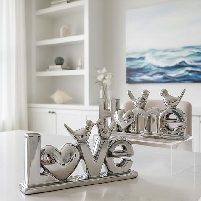 Love Sign Decor,Gold Room Decor Aesthetic, Knick Knack Shelf,Bird Decor, Boho Bookshelf,Abstract Statue,for Living Room,Bedroom, Contemporary Tv Stand Set of 2 (2, Silver Plated)