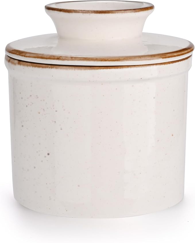 French Butter Dish, Butter Crock for Counter with Water Line, Ceramic Butter Keeper for Spreadable Butter - Chrismas Gift Home Kitchen Decor - Reactive Glaze Collection - White