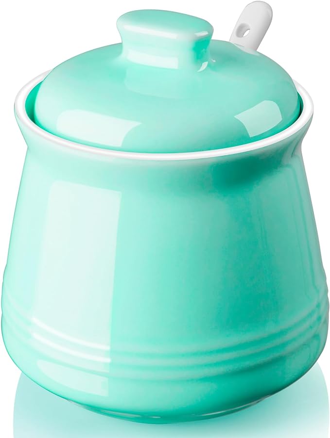 Turquoise Sugar Bowl with Lid and Spoon, 12 oz Teal Ceramic Sugar Bowl with Spoon, Sugar Container for Coffee Bar, Sugar Jar Sugar Dispenser Bowl, Teal Kitchen Decor and Accessories