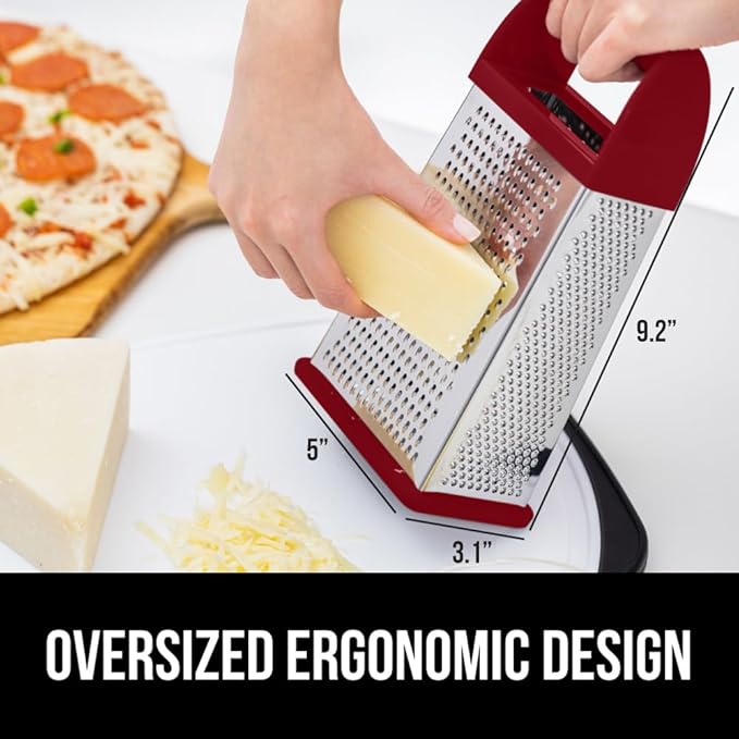 GORILLA GRIP 4-Sided Stainless Steel Cheese Grater With Container, 100% BPA-Free Box Grater, Slip Resistant Base and Handle, Grate Parmesan, Hard Cheeses, Shred Vegetables, Dishwasher Safe, Red