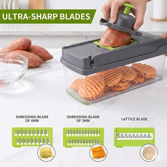 Mandoline Vegetable Chopper Pro, 16-in-1 Kitchen Food Slicer and Dicer with Container, 8 Interchangeable Blades, Gray and Green