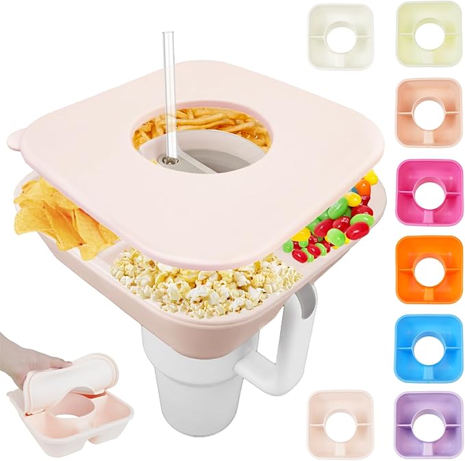 Snack Bowl for Stanley Cup 40 oz Tumbler, Reusable Silicone Snack Tray Snack Holder with Lid, Snack Ring for Stanley Tumblers Cup Accessories (Rose Quartz)