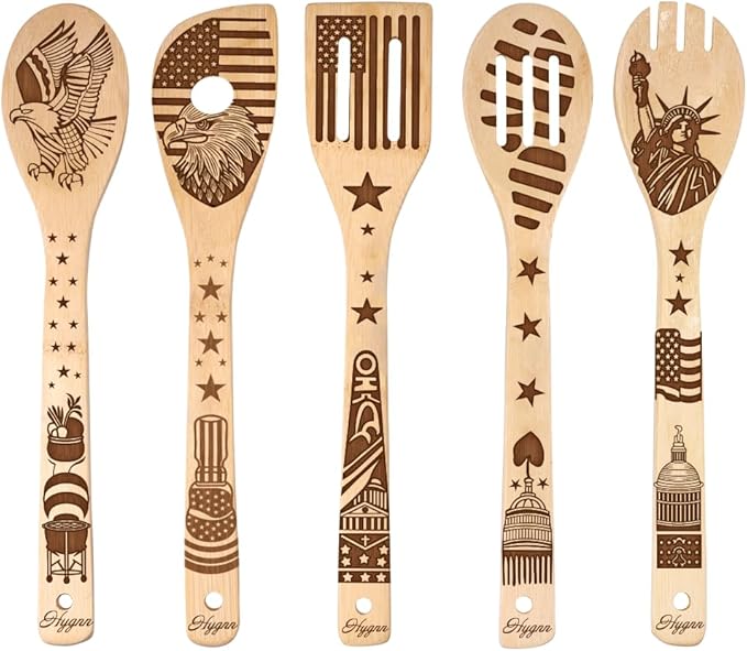 Make American Great Again! American Flag Iconic Architecture Gift Idea Cooking Serving Utensils Natural Bamboo Kitchen House Warming Presents Slotted Wooden Spoons for Cooking Utensils Set of 5…