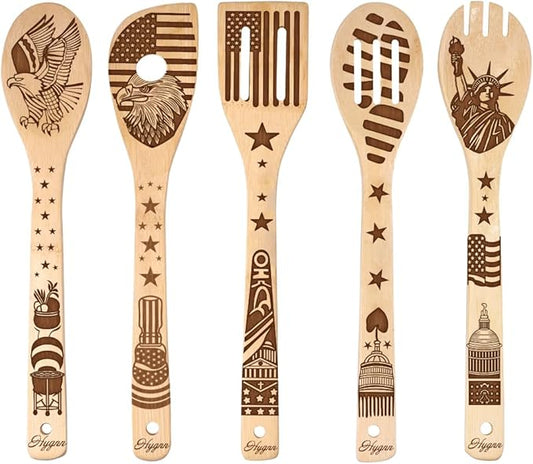 Make American Great Again! American Flag Iconic Architecture Gift Idea Cooking Serving Utensils Natural Bamboo Kitchen House Warming Presents Slotted Wooden Spoons for Cooking Utensils Set of 5…