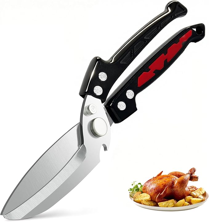 Professional Heavy Duty Kitchen Shears for Food – All in one Stainless Steel Chicken Shears Cut Bones, Meat, Fish Scales, Bottle Opener, Dishwasher Safe, Gift for Christmas Thanksgiving，Black Red
