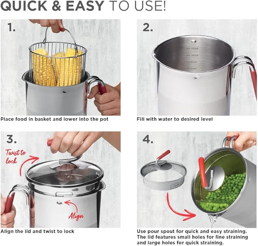 Kuhn Rikon 4th Burner Pot with Glass Lid and Steam basket 12 cup