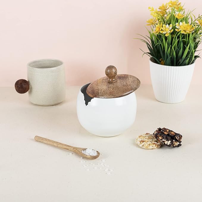 GoCraft Sugar Bowl with Wooden Lid and Spoon – Drum Shape, Shiny White Finish, Elegant Sugar Container for Coffee, Tea, Dining, Kitchen, Home Use, Stylish Sugar Dispenser for Table, Easy to Use