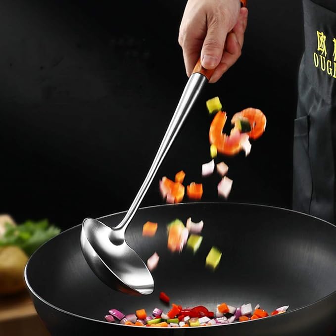 FJNATINH Soup Ladle, 17inches Ladle for wok, 304 Stainless Steel Soup Spoon Cooking Spoon for Kitchen with Wooden Handle