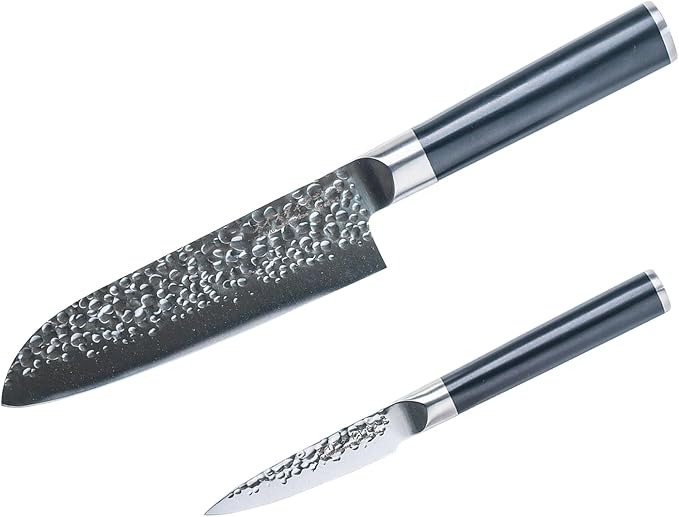 Swiss Diamond Santoku & Paring Knife, German Steel With ABS Handle, Half Tang Handle, Hammered Blade Chef Knives Professional Grade, 55+2 Rockwell Hardness, 7 & 4.5 Inch
