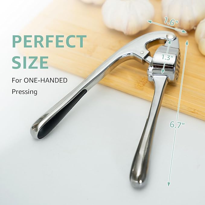 Garlic Press – Heavy Duty Garlic Press Mincer with Ergonomic Handle, Rust-Resistant Zinc Alloy, Dishwasher Safe, Includes Silicone Garlic Peeler & Cleaning Brush (Imperial Silver)