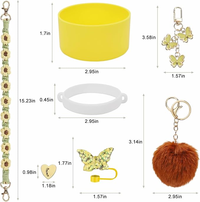 Accessories Set Including Water Bottle Handle Strap, Silicone Boot, Resin Butterfly Straw Cover, Straw Topper, Lip Balm Sleeve, Butterfly & Hairball Charms for Stanley Cup Tumbler