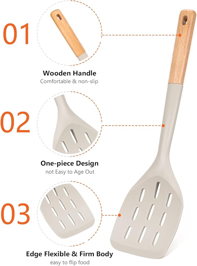 Pack of 3 Silicone Spatula, Non Stick Cooking Utensil Set Wooden Handle Kitchen Turner for Baking Mixing Grilling Serving Food Heat Resistant Non Scratch Hooks Included,Khaki