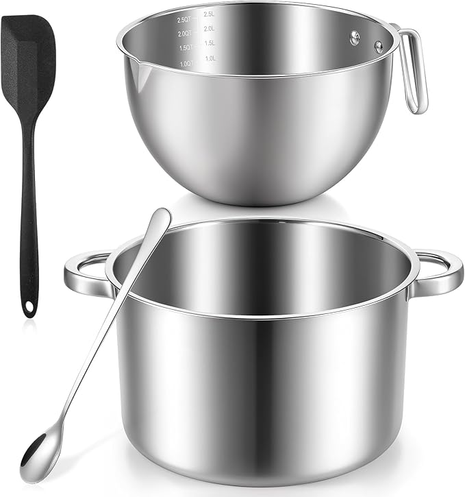 4-Piece Double Boiler, Chocolate Melting Pot Set Include 2500ml/2.3QT Mixing Bowl and 4000ml/3.63qt Stainless Steel Pot, Silicone Spatula, Stainless Steel Stirring Spoon, Induction Safe