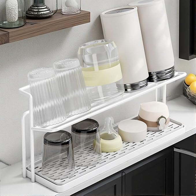 Water Bottle Drying Rack With Drain Tray - 2-Tier Kitchen Cup Storage and Mug Organizer (White)