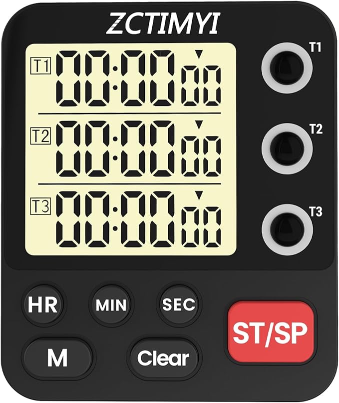 Digital Dual Kitchen Timer, 3 Channels Count Down/Up Multi Timer with Memory-Preset Magnetic Back & Large Display Adjustable Alarm Volume, Suit for Food Cooking, Black
