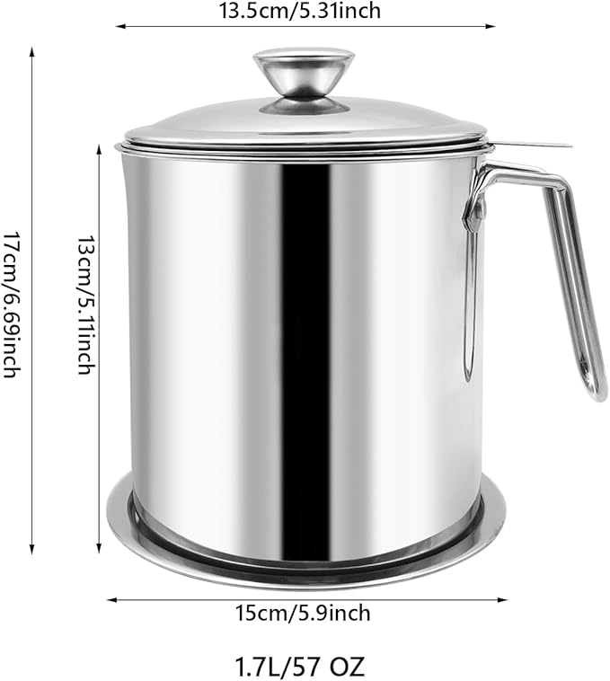 Bacon Grease Container With Strainer, 1.7L Grease Strainer and Container with Dust-Proof Lid, 304 Stainless Steel Oil Filter Storage with Fine Mesh 1.7L