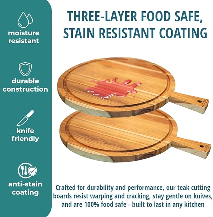 EcoDecors 3 Piece Round Teak Cutting Board Set with Handle, FSC Certified Teak Wood, Edge Grain with Juice Groove, Carving Board for Kitchen and Prep