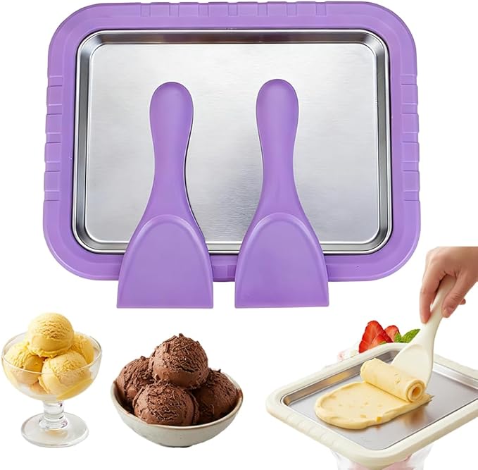 Rolled Ice Cream Maker Kit, 2026 New Stainless Steel Freeze Plate with 2 Scrapers, DIY Stir Fried Ice Cream Tray for Homemade Desserts, Perfect for Family Fun & Parties (Purple)