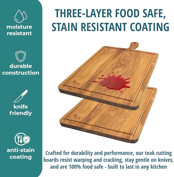 EcoDecors 3 Piece Teak Cutting Board Set with Handles, FSC Certified Edge Grain, Prep and Serving Boards for Kitchen