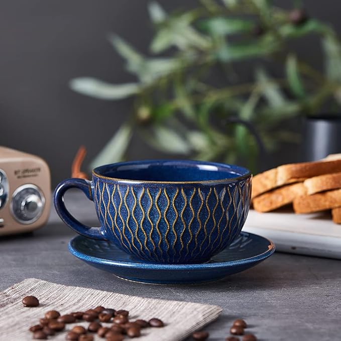 Vintage Design 12 oz Ceramic Latte Art Cappuccino Barista Cup with Saucer (Embossed Blue)