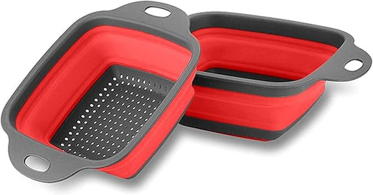 Collapsible Colander, 2 Pcs Red Silicone Kitchen Strainer for Draining Pasta, Vegetable and Fruit with Extendable Handles & Dishwasher-Safe by Polerce
